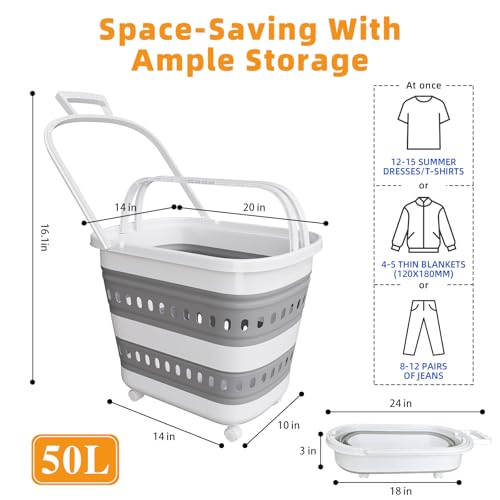 50L Collapsible Plastic Laundry Basket Hamper with Wheels, Foldable Laundry Basket with Handles, Pop Up Storage Container Organizer for Washing Storage - style: 50L Wheel