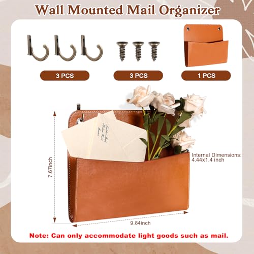 Wall Mount Brown PU Leather Letter Holder 9.8" x 7.7" x 1.4" Mail Holder Vintage Wall File Organizer 2 Ring Binder Hanging File Holder for Office Home Decor Storage Letter Postcards Bill Flowers - color: Brown