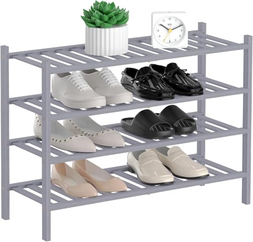 RONGJlA 4 Tier Bamboo Shoe Rack for Closet Free Standing Wood Shoe Shelf Storage Organizer for Entryway Small Space Stackable, Gray - color: Grey, size: 4-Tier-Regular
