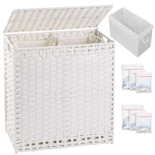 SETVSON Laundry Hamper with Lid Wicker Laundry Basket 112 L (29.6 Gal) Laundry Hampers Handwoven Rattan Clothes Hamper with Handles 3 Removable Liner Bag, 6 Mesh Bags for Bathroom Bedroom White - color: White, size: 29.6 Gal