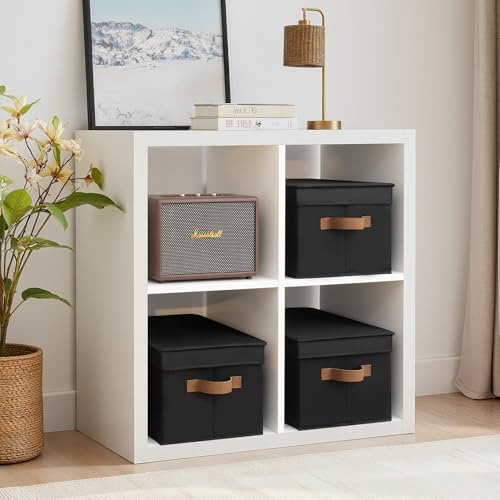 StorageWorks Black Storage Bins with Lids, Decorative Storage Boxes with PU Handles, Foldable Storage Baskets for Closet, Shelves, Stackable, Large, 3-Pack - color: Black, size: Large