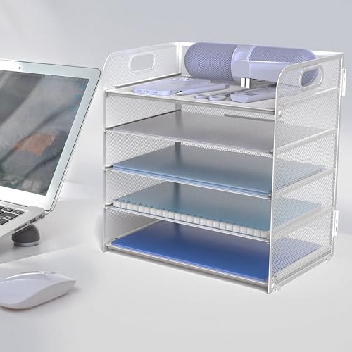 Letter Tray Paper Organizer 5-Tier Desk Organizer File Organizer Paper Holder with Handle, Metal Desktop Document Shelf Tray Office Classroom Organization - Silver - color: Silver