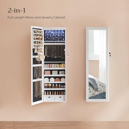 SONGMICS 6 LEDs Mirror Jewelry Cabinet, 47.2-Inch Tall Lockable Wall or Door Mounted Jewelry Armoire Organizer with Mirror, 2 Drawers, 3.9 x 14.6 x 47.2 Inches, White UJJC93W - color: White