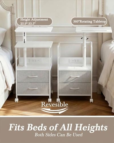Faesun Swivel Lift Top Nightstand with Charging Station, Rolling Side Table for Recliner, Bedside Table with Wheels & 2 Fabric Drawers, for Small Spaces, for Bedroom, Living Room, White Gray - color: White Gray, size: 2 Drawers