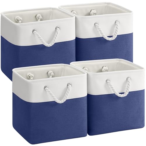 12 x 12 Inch Cube Storage Bins, 4 Pack Fabric Storage Basket with Handles, Foldable Boxes Organizer for Shelf Baskets for Home, Clothes (White/Blue) - color: WhiteBlue, size: 12inX12inX12in-4P