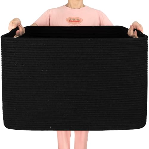 MINTWOOD Design 112L Extra Large Blanket Basket Holder Living Room, 25"x17"x16" Rectangle Rope Woven Storage Basket with Handles for Laundry, Pool Towels, Shoes, Dog Toy Organizer Bin Box, Black - color: Black