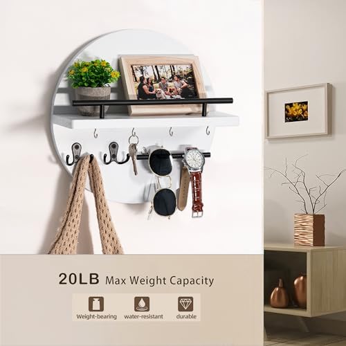 dreampossible Key Holder for Wall Decorative with Shelf and Hooks, Mail Organizer Wall Mount with Sunglasses Holder, Circular Design Entryway Key Rack Hanger, Rustic Home Decor for Mudroom - color: White&Black