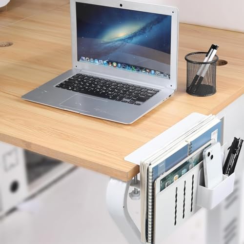Desk Side Storage, Desk Laptop Holder with Magnetic Pen Holder, No Drill Desk Side Organizer for Office and Home Fits Flat Edge 0.3" to 2.3" - color: White