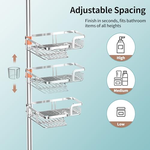 KEGII Shower Caddy Tension Pole – Corner Rustproof Bathroom Organizer with Soap Holder & Hooks, No-Drill Adjustable Shower Shelf for Renters for Families & Renters, 25-114.2 Inch, Silver - color: Silver