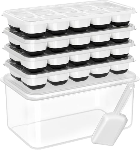 DOQAUS Ice Cube Tray with Lid and Bin - 4 Pack Silicone Ice Cube Trays for Freezer, Stackable Ice Bucket Kits with Storage Container & Scoop for Kitchen, RV, Cocktail, Coffee - color: Dark Black