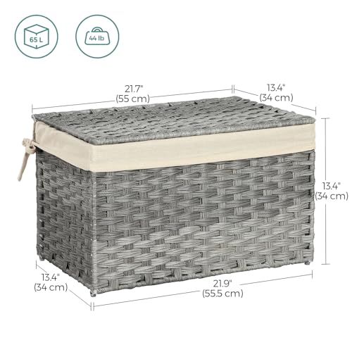 SONGMICS Storage Basket with Lid, Woven Blanket Storage Bin with Handles, Foldable, Removable Liner, Metal Frame, for Bedroom, Laundry Room, 17.2 Gallons (65 L), Gray URST56WG - color: Gray, size: 65 L