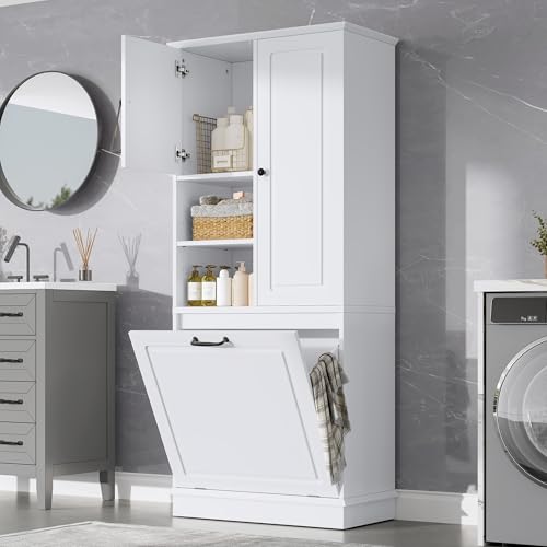 Virubi Tall Laundry Cabinet with Tilt Out Hamper, Wood Tall Laundry Room Cabinets with Doors, and Adjustable Shelves, for Bathroom Storage Organization, Freestanding, White - color: White, size: 29.9"x14.2"x67.7"