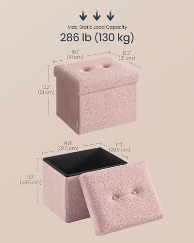 SONGMICS Small Folding Storage Ottoman, Foot Rest Stool, 12.2 x 16.1 x 12.2 Inches, Ottoman with Storage, Load up to 286 lb, for Living Room, Bedroom, Dorm, Jelly Pink ULSF094R01 - color: Jelly Pink, style: Teddy Fleece