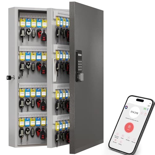 WeHere 192 Key Lock Box Wall Mount, APP Bluetooth/OTP/Wi-Fi/Fixed Code/Key Unlock, Smart Key Cabinet with Key Tag, Key Organizer Holder Box, Key Management Directory for Office, Valet, Realtor, Hotel - size: 192 Key Box (Smart)