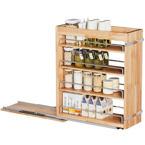 OCG 4-Tier Pull Out Kitchen Cabinet Spice Rack Holder Shelves (5" W x 22" D), spice organization for cabinet Storage Organization, pull out spice racks for inside cabinets - size: 5" W x 22" D Wood (4 tier)