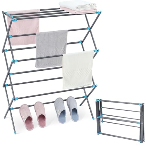 APEXCHASER Clothes Drying Rack, Foldable 2-Level Drying Rack Clothing, Stainless Steel Free-Standing Laundry Airer, with Height-Adjustable 4 Wings, Matte Black - color: Graphite, size: Small