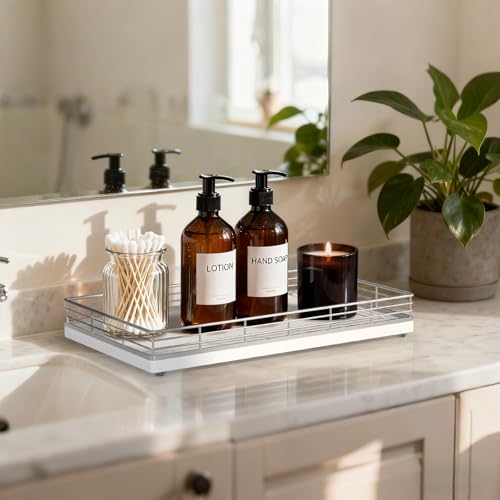 Large Bathroom Vanity Tray – 13" x 8" Oak Decorative Wooden Tray for Bathroom Countertop & Vanity Organizer, Wood Tray for Perfume, Skincare & Accessories Storage, Vanity Dresser Decor Sliver & White - color: Silver, size: 13" x 8" x 2"