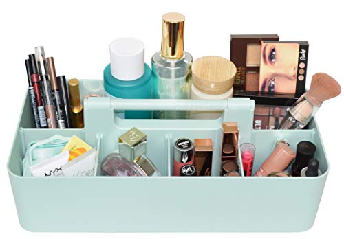 New Plastic Portable Makeup Organizer Caddy Tote Divided Basket Bin with Handle, for Bathroom Storage - Holds Blush Makeup Brushes, Eyeshadow Palette, Lipstick - Extra Large Made In USA (Mint) - color: Mint