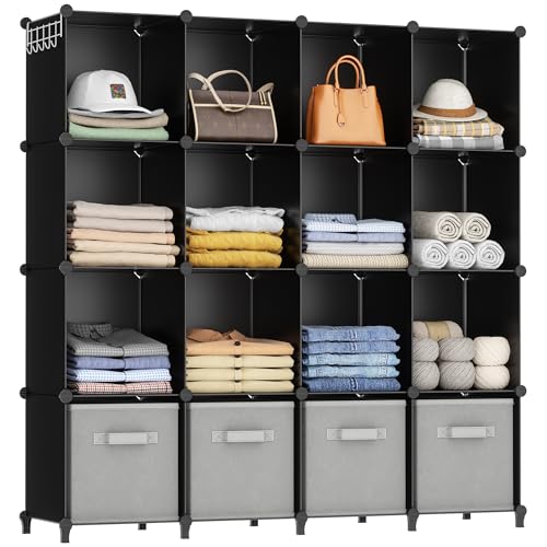 HOMIDEC Closet Organizers and Storage, 16 Cube Storage Organizer, Closet Organizer Bookshelf Cubes Shelves for Clothes, Bedroom, Kids Room, Bathroom, Wardrobe, Garment Racks, Black - color: Black, size: X-Large