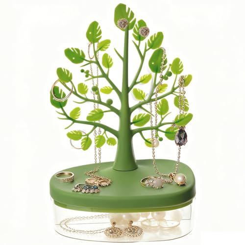 OULIGET Tree Tower Rack with Storage Box Drawer,Jewelry Display Tree Necklace Earring Organizer Holder,Double Shelf Hanging Organizer for Ring Earrings Necklace Bracelet Key - color: Green Double