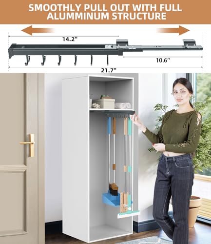 Pull Out Broom Holder, Multifunctional Slide Broom And Mop Storage/Organizer With Adjustable Double Row Sliding Hook, Garage Organization Hooks, for Closet Laundry - grey - 36cm/14.17inch - color: Dark grey, size: 14.17 inches