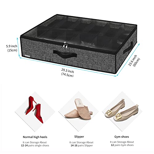 Onlyeasy Under Bed Shoe Storage Organizer with Sturdy Handles and Clear Window 1 Pack Fits 12 Pairs, Premium Foldable Underbed Shoes Container Box for Closet, Linen-like Black, MXAUBSB1P - color: Linen-like Black 1 Shoes (12 Cells)