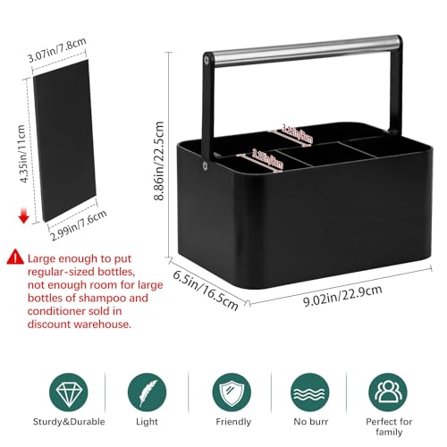 BYUNER Black Shower Caddy Portable: Plastic Bathroom Caddy Countertop,Cleaning Caddy Organizer with Handle,Utility Hard Shower Basket Storage Tote for Toiletry,College Dorm Room Essential for Guys/Men - color: Black / Silver Handle