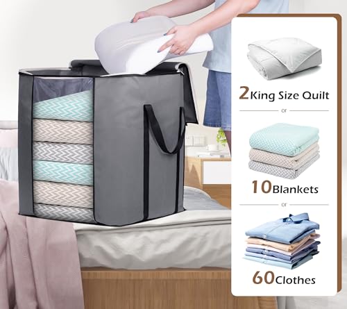 SLEEPING LAMB 120L Extra Large Blanket Storage Bags Breathable Clothes Storage Containers for King Comforter Bedding Pillow Sheet, Reinforced Handles, Grey - size: 20"L x 16"W x 22.3"H