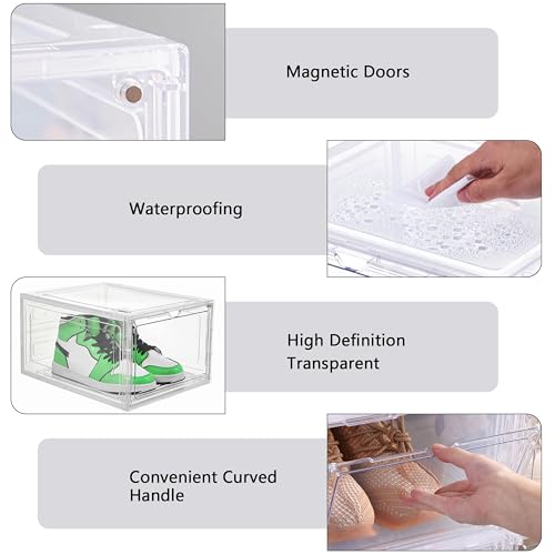 Attelite Upgrade 12pack Shoe Box Storage Containers,Thicken Sturdy Clear Stackable Plastic Shoe Organizer Box with Magnetic Door, X-Large Drop Front Shoe Box - color: Clear White, size: XL-12-pcs