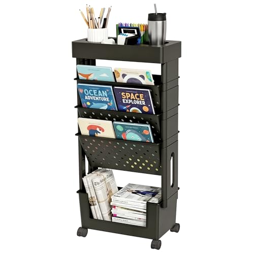 5-Tier Mobile Bookshelf, Rolling Bookcase Book Storage Rack, Movable File Folder Organizer Cart with Wheels for Home Study Office Living Room Classroom, Black - color: Black, size: 5-Tier