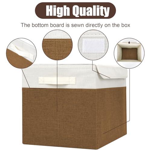 Large 17" 42 Quarts Collapsible Stackable Storage Bins with Lids [3-Pack] Foldable Fabric Linen Storage Boxes Cube, Closet Organizer Baskets with Label for Home (16.7 x 12 x 12", Brown & White) - color: Brown & White, size: Large - 3 Pack