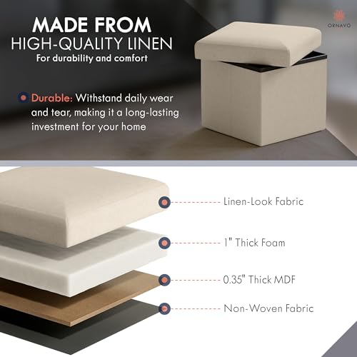 Ornavo Home Small Storage Ottoman Foldable Collapsible Cube Square Linen Ottoman Foot Rest Stool Seat, for Living Room, Bedroom, Home Office, Dorm - 12 x 12 x 12, Beige - color: Beige