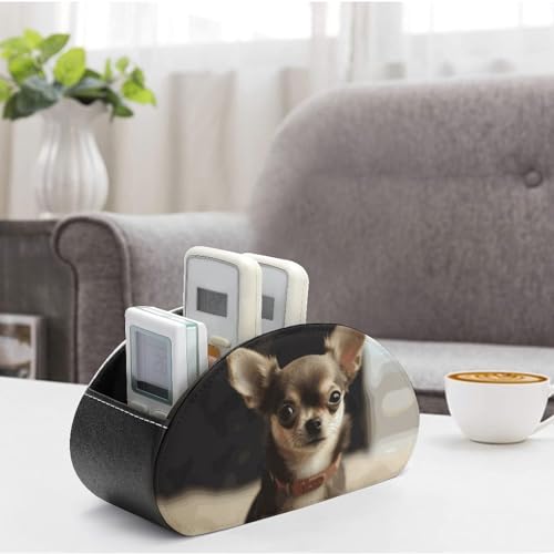 PU Leather Remote Control Organizer Box 5-Slot Multifunctional Cute Chihuahua Storage Holder for TV/DVD/Accessories Stylish Desk Decor for Living Room, Bedroom, Office - color: Cute chihuahua
