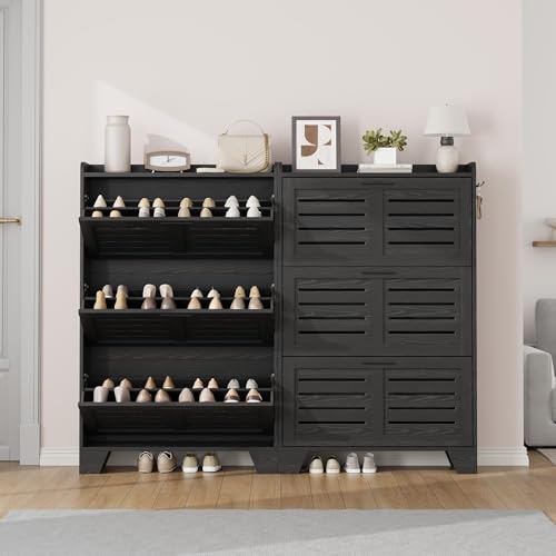 IDEALHOSUE Shoe Cabinet Storage for Entryway, Slim Shoe Storage Cabinet with 3 Flip Drawers, Freestanding Hidden Narrow Shoe Organizer Cabinet with Hooks for Entrance, Foyer, Hallay, Black - color: Black, size: 3-Drawers