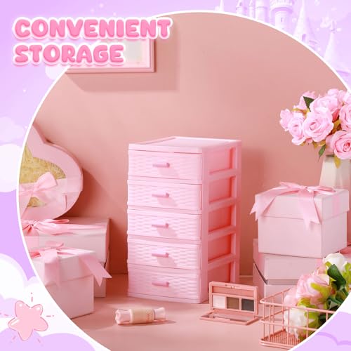 Threehoney Pink Plastic Storage Drawers Desktop Storage Box Mini Drawer Organizer Necklace Jewelry Storage Case Cute Plastic Dresser for Girls Bathroom, Dorm, Desk, Home, 5 Layers