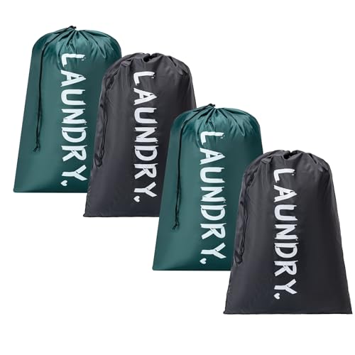 4 Pack XL Travel Laundry Bag, Machine Washable Dirty Clothes Organizer with Drawstring,Large Enough to Hold 4 Loads of Laundry, Easy Fit a Laundry Hamper or Basket Travel Essentials 24" x 36" - color: Dark Green+Black, size: 24"x36" |4 Pack