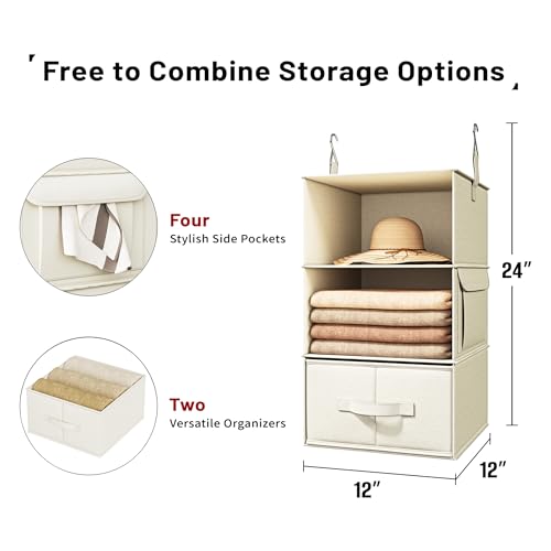 Vailando 3-Shelf Hanging Closet Organizer, Set of 2 Hanging Shelves with 2 Drawers for Wardrobe, Nursery, Baby Clothes Storage and Organization, Beige - color: Beige, size: 3-Shelf Set of 2