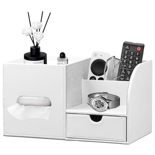 Leather Nightstand Organizer with Tissue Holder,White Square Tissue Box Cover with Organizer, Decorative Modern Facial Paper Storage Box for Bathroom Living Room Vanity Table Countertop Office - color: Cream