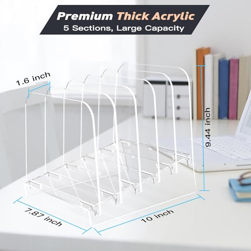 File Holder File Sorter, Vertical File Organizer for Desk, Desk Top File Folder Organizer Stand, Acrylic File Rack File Folder Holder, 5 Sections Clear File Stand for Office, School, Home