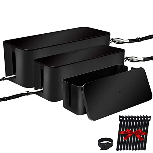 [Set of Three] Cable Management Boxes Organizer, Large Storage Wires Keeper Holder for Desk, TV, Computer, USB Hub, System to Cover and Hide & Power Strips & Cords (Black) - color: Black