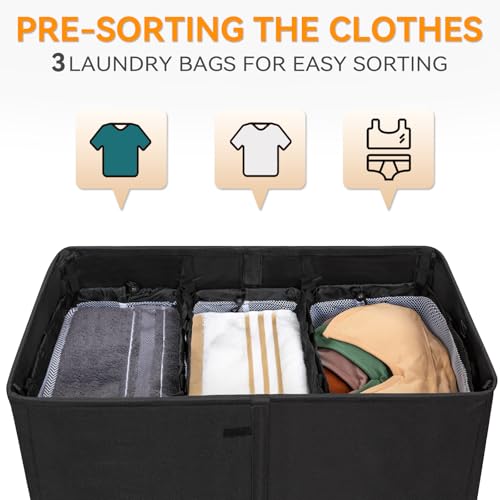 WOWLIVE Laundry Hamper with Lid,180L Large Laundry Basket 3 Section with Removable Washing Bags,Collapsible Waterproof Dirty Clothes Hamper for Laundry Room Bathroom Dorm,Black - color: Black, size: 180L (31.5x 12.2 x 27.5 Inches)