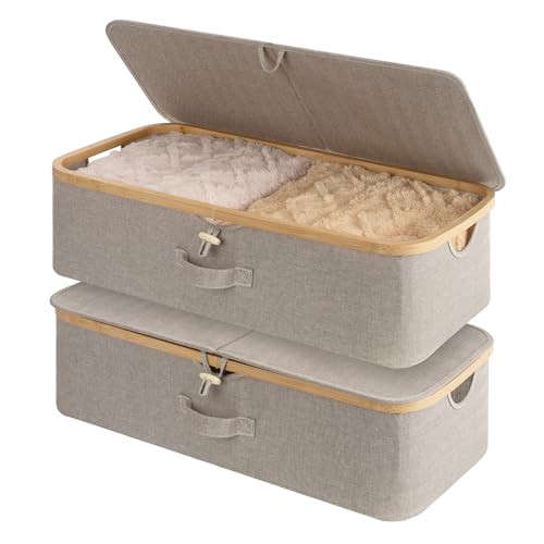 StorageWorks Underbed Storage Containers with Lids, 2-Pack 7" Low Profile Under Bed Storage Box with Bamboo Frame for Clothes, Bedding, Blankets and Shoes, 42L Sturdy Fabric Organizer, Taupe - color: Taupe, size: 2