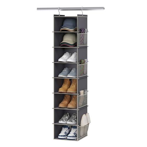 YOUDENOVA Upgraded Extra Wide Hanging Shoe Organizer for Closet, 8-Shelf Storage Organizer with 8 Side Pockets, Hanging Shoe Rack for Hats Clothes Jeans, Grey - color: Grey, size: 1 Pack
