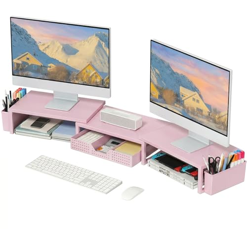OPNICE Desk Organizers and Accessories, Dual Monitor Stand Riser with Drawer and 2 Pen Holders, Desk Shelf Metal Computer Racks for Office Workspace Organizers, Desktop Organization (Pink Metal) - color: Pink Metal, size: With drawer and pen holder