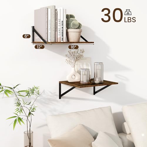 Fun Memories Floating Shelves for Wall, 12 Inch Deep Floating Shelves Set of 2, 16W x 12D Large Wall Shelf with Sturdy Metal Brackets for Living Room, Bathroom, Bedroom and Kitchen, Rustic Brown - color: A-rustic Brown, size: 16"W x 12"D