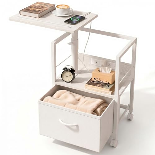 Faesun Swivel Lift Top Nightstand with Charging Station, Rolling Side Table for Recliner, Bedside Table with Wheels & a Fabric Drawer, for Small Spaces, for Bedroom, Living Room, White - color: White, size: 1 Drawer