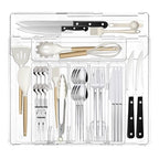 Expandable Silverware Organizers for Kitchen Drawer, Clear Utensil Drawer Organizer Tray, Adjustable Cutlery Flatware Holder for Spoon Fork Knife, Plastic Spatula Tools Gadgets Storage Divider
