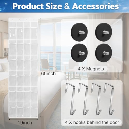 Watersay over the Door Organizer for Cruise Ships Magnetic 65 x 19 Inch Hanging Door Organizers with 24 Pocket, Magnetic Shoe Rack Storage Bag for Cruise, Bathroom Behind-door Storage