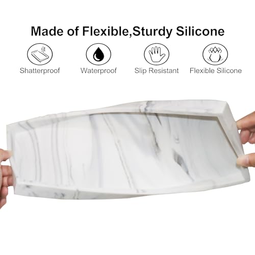Bloss Bathroom Counter Marble Tray and Soap Holder - 15.7x5.9 inch Silicone Bathroom Vanity Trays, Marble Tray for Kitchen Counter, Toilet Tank Tray,Trays for Perfume, Jewelry,Candle, Key - color: Marble White, size: 15.7" x 5.9" x 0.9"
