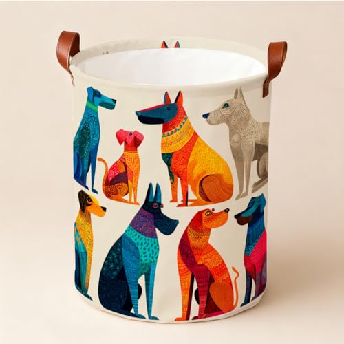 Laundry Basket 15.7 x 19.7 Inch Foldable Fabric Clothes Hamper with Colorful Cartoon Dog Pattern Leather Handles Storage Bin for Kids Bedroom Laundry Room and Pet Owner Home Décor - color: Colorful585